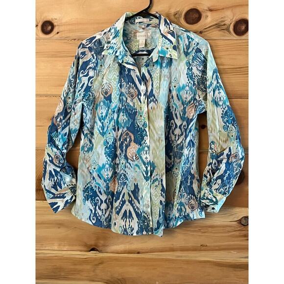 Chico's Women's Ikat multi color button up blouse shirt. size 1 no iron! - Picture 1 of 7